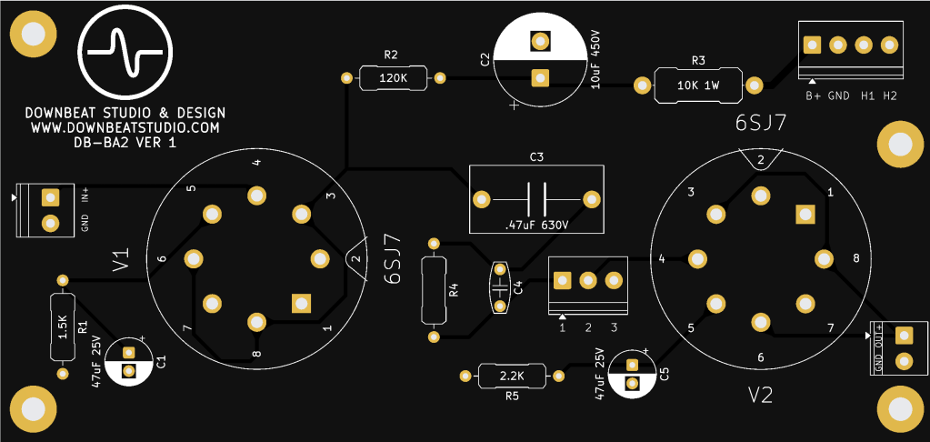 A printed circuit board (PCB) design featuring two tube sockets labeled 6SJ7 and 6SJ7, with various electronic components including resistors, capacitors, and connections, on a black background.