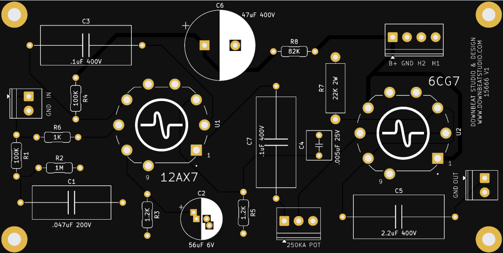 A printed circuit board (PCB) design featuring various electronic components including capacitors, resistors, and vacuum tube sockets labeled 12AX7 and 6CG7, on a black background.