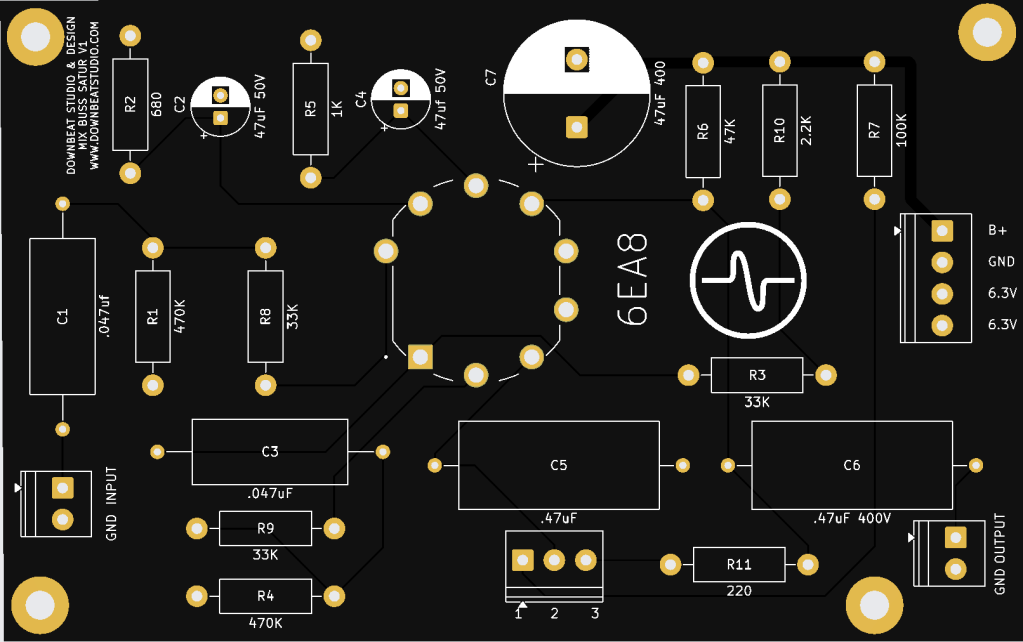 Black printed circuit board featuring various electronic components including capacitors, resistors, and a circuit diagram labeled '6EA8'.